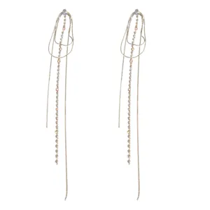 Long tassel zircon earrings for women, elegant silver needle drop earrings, fashion jewelry.