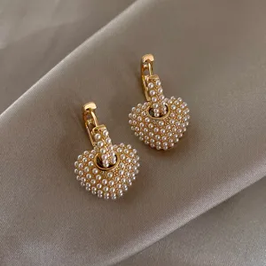 French vintage gold-toned heart earrings paved with dainty white pearls chic elegant cute jewelry