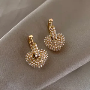 French vintage heart pearl hoop earrings, Korean style elegant cute earrings for women autumn.