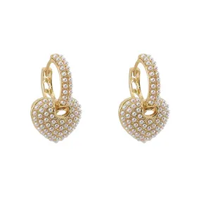 Pearl Heart Hoop Earrings French Vintage Chic Gold Tone Dangle Jewelry for Women Party