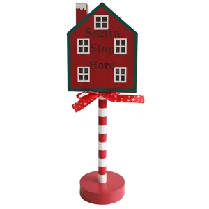 Houten kerst Santa Stop Here straatbord decoratie met LED verlichting voor bureau