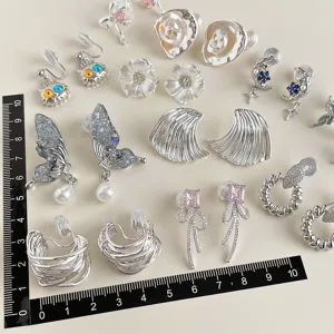 Non-pierced ear clip set silver trendy sweet cool style butterfly bow floral earrings display