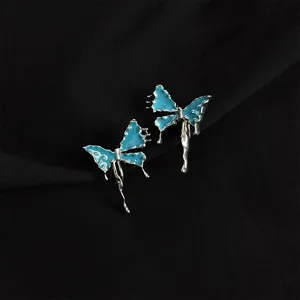 Blue enamel melting butterfly ear clips unique sweet cool style silver tone earrings detail