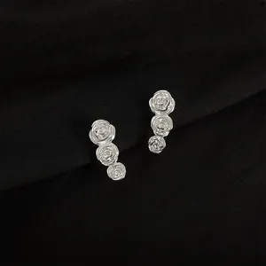 Silver rose flower clip on earrings for women sweet cool style non pierced ears jewelry