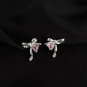 Silver tone bow clip-on earrings with cute pink heart zircon for non-pierced ears style