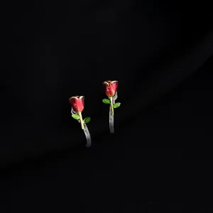 Retro red rose enamel clip-on earrings, elegant gold plated non-pierced floral jewelry for women