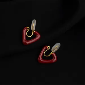 Wine red enamel geometric clip earrings, retro gold-plated non-pierced designer ear jewelry for women