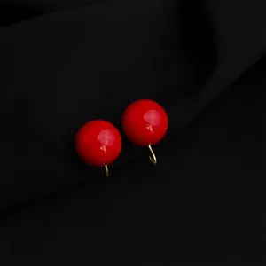 Chic wine red ball clip-on earrings, minimalist gold tone metal non-pierced elegant jewelry.