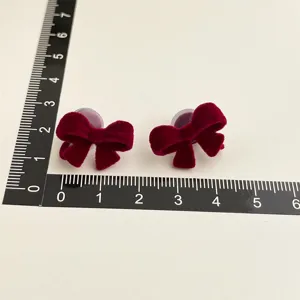 Dark red velvet bow clip-on earrings, retro vintage style jewelry for non-pierced ears.