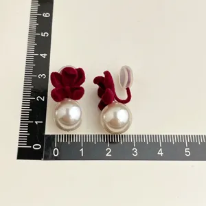 Burgundy velvet flower white pearl clip on earrings detailed size display product view.