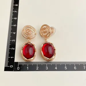Vintage red gemstone clip-on earrings gold plated elegant non-pierced drop earrings jewelry