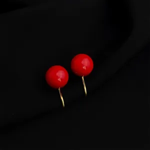 Wine red round ball clip-on earrings without piercing, vintage minimalist metal jewelry for women.