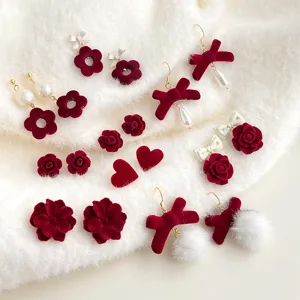 Französische Vintage Beflockte Blumen Ohrhänger Für Damen Elegante Rote Herz Schleifen Ohrringe Süße Samt Kamelien Rosen Künstliche Perlen Ohrschmuck Geschenk