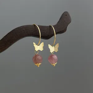 Pendientes colgantes de mariposa de cuarzo fresa natural vintage hechos a mano joya
