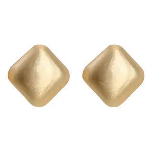 Brushed matte square geometric stud earrings, detailed view of minimalist fashion gold earrings.