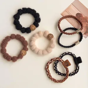Women Meillard Style Hair Ties Set Coffee Milk Tea Color Hair Scrunchies Rhinestone Pom-pom Elastic Hair Bands Vintage Woven Hair Accessories