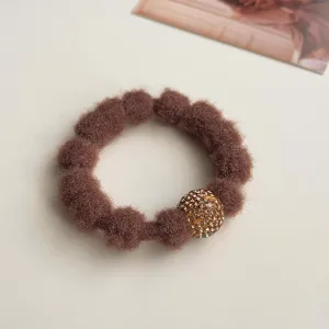 Brown fuzzy hair scrunchie with rhinestone sphere, high elasticity hair rope for women.