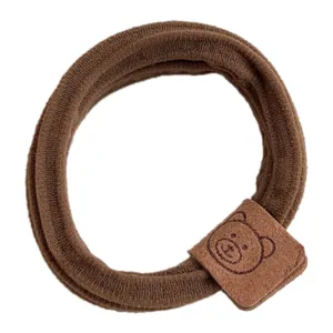 Brown elastic hair tie with cute bear leather patch soft scrunchie for daily wear styling