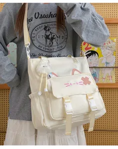 Japanese style casual canvas shoulder bag large capacity cute cat ear crossbody bag student