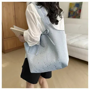 Light blue star print canvas tote shoulder bag casual daily large capacity commuter handbag