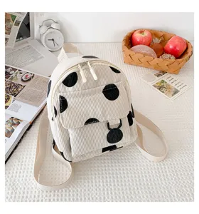 Mini white corduroy backpack with black polka dots, cute casual women small daypack bag.