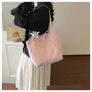Pink Star Print Tote Bag Casual Shoulder Bag Large Capacity Commuter Handbag for Women