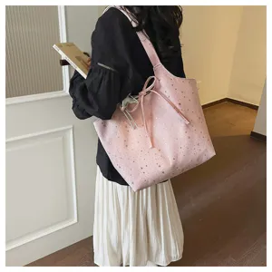 Pink star print tote bag casual shoulder bag large capacity cute commuting handbag for women