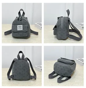 Gray corduroy small backpack for women and kids, casual mini travel daypack with cute pattern.