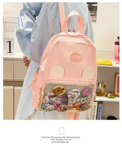 Zaino scolastico rosa carino con tasca trasparente, grande capacità per tempo libero borsa.
