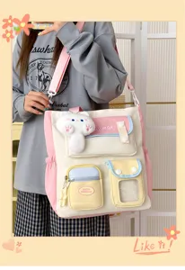 Bolso de lona estilo japonés con bonito colgante de gato de peluche, gran capacidad.