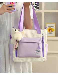 Sac cabas en toile style japonais grande capacité bandoulière accents violet et charm lapin.