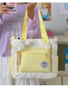 Grand cabas en toile bicolore pour étudiants, sac à épaule décontracté avec plusieurs poches.