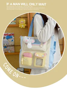 Bolso de lona estilo japonés con múltiples bolsillos, bolso de estudiante colorido.