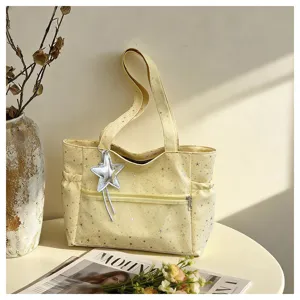 Borsa tote giallo chiaro con stampa di stelle, grande capacità e ciondolo a stella carino.