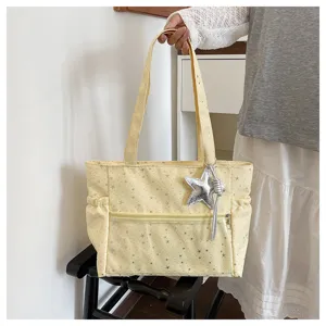 Borsa shopper gialla stile coreano con stampa di stelle e ciondolo argentato, grande borsa casual.