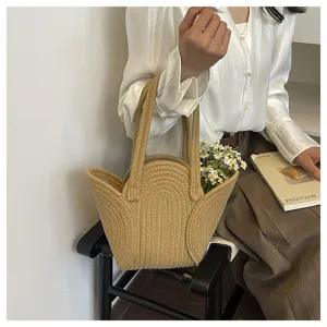 Schicke geflochtene Strohtasche für Damen, große Freizeithandtasche mit doppelten Henkeln.