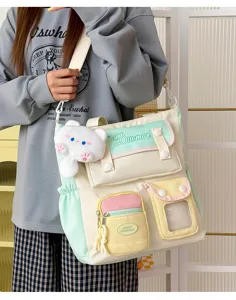 Bolso bandolera de lona estilo japonés, bolsa estética para estudiantes con múltiples bolsillos.