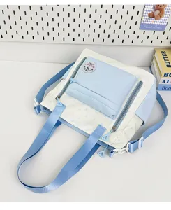 Joli sac cabas en toile style japonais, sac à bandoulière étudiant bleu et blanc.