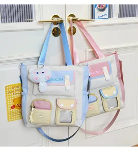 Bonito bolso de lona con múltiples bolsillos para la escuela y uso diario, gran capacidad.
