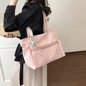 Borsa shopper rosa con stampa stelle stile coreano, grande borsa a spalla casual per studenti.