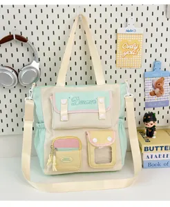 Bolso bandolera de lona estilo japonés para estudiantes, bolso informal con bolsillos