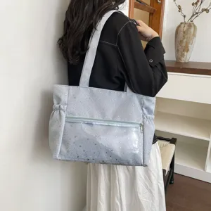 Borsa shopper azzurra con stampa di stelle, grande capacità borsa a spalla casual.