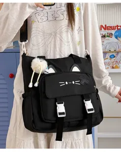Japanese style black canvas shoulder bag with cute cat ears large capacity student messenger bag