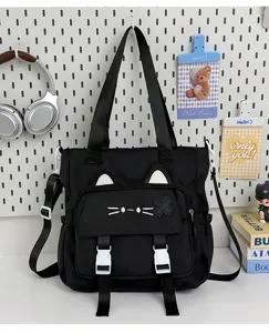 Black canvas casual tote bag with cute cat ears design, large capacity student shoulder bag.