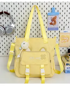 Cute Japanese style canvas tote bag for women, large capacity casual shoulder crossbody bag