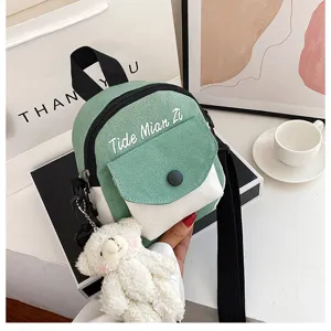 Chic canvas small crossbody bag detail, cute bear pendant and letter print design for daily.