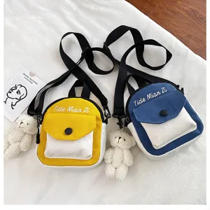 Canvas crossbody bag cute small shoulder bag for women trendy casual cartoon bear pendant