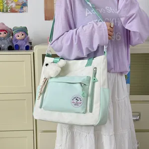 Sac cabas en toile bicolore style japonais grande capacite sac a main epaule vue principale