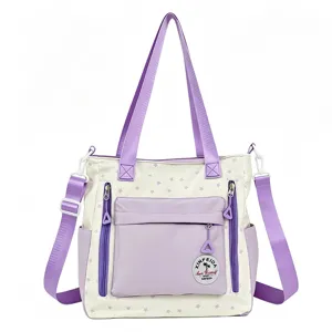 Grand sac cabas en toile, sac à bandoulière élégant bicolore pour étudiante au quotidien.