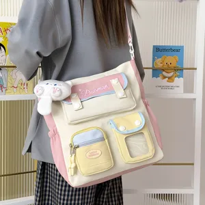 Bolso de hombro de lona estilo universitario japonés, gran capacidad mochila escolar casual.